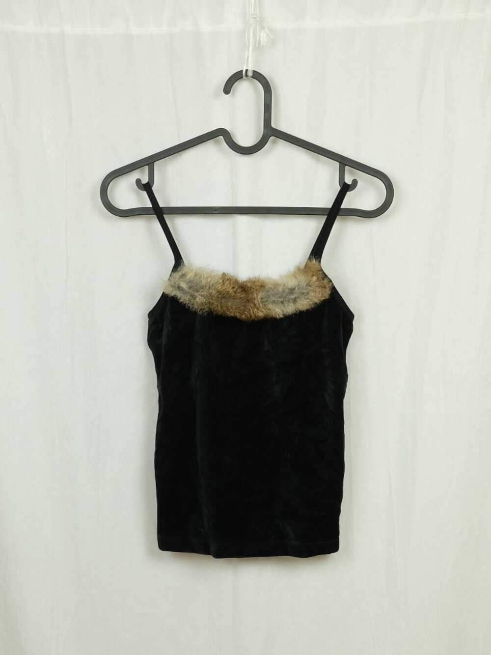 Black Velvet Camisole Fur Trim Fluffy Top Size M Boho Chic Top